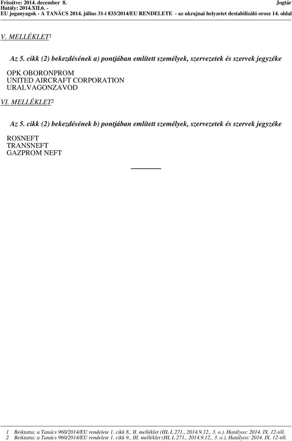 cikk (2) bekezdésének b) pontjában említett személyek, szervezetek és szervek jegyzéke ROSNEFT TRANSNEFT GAZPROM NEFT 1 Beiktatta: a Tanács 960/2014/EU rendelete 1. cikk 8., II.