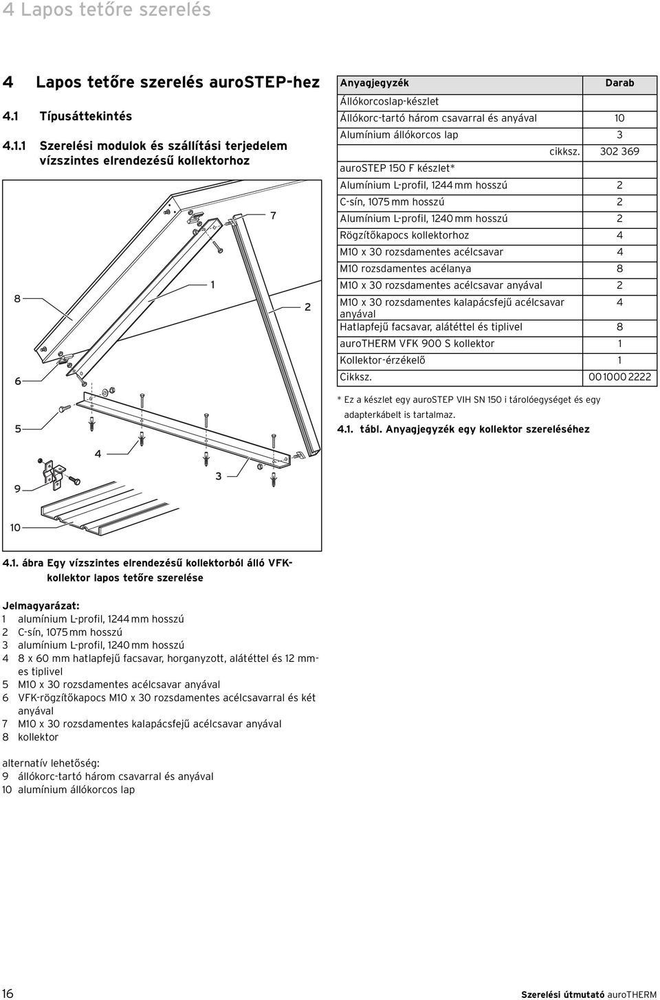 1 Szerelési modulok és szállítási terjedelem vízszintes elrendezésű kollektorhoz 8 7 Anyagjegyzék Darab Állókorcoslap-készlet Állókorc-tartó három csavarral és anyával 10 Alumínium állókorcos lap 3