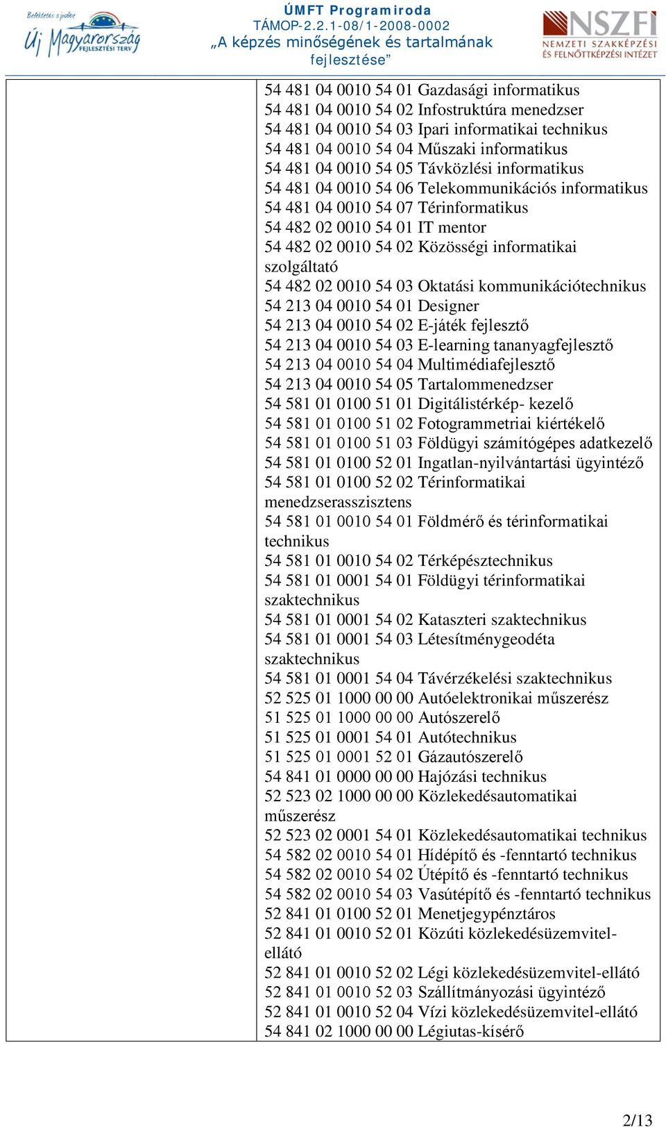 szolgáltató 54 482 02 0010 54 03 Oktatási kommunikációtechnikus 54 213 04 0010 54 01 Designer 54 213 04 0010 54 02 E-játék fejlesztő 54 213 04 0010 54 03 E-learning tananyagfejlesztő 54 213 04 0010