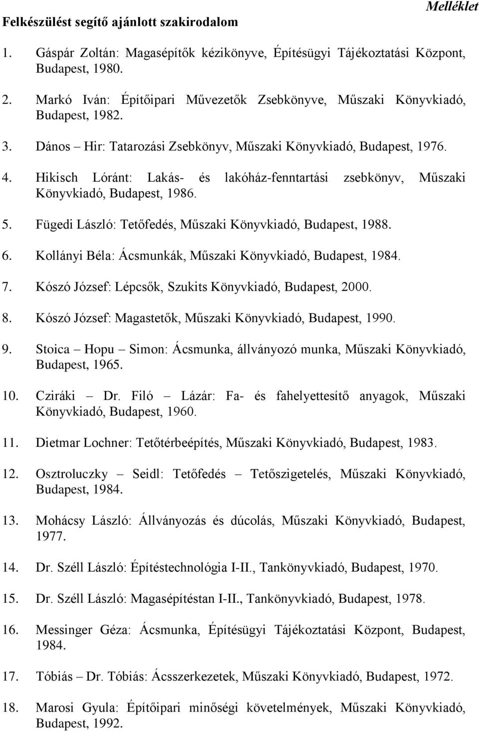 Hikisch Lóránt: Lakás- és lakóház-fenntartási zsebkönyv, Műszaki Könyvkiadó, Budapest, 1986. 5. Fügedi László: Tetőfedés, Műszaki Könyvkiadó, Budapest, 1988. 6.