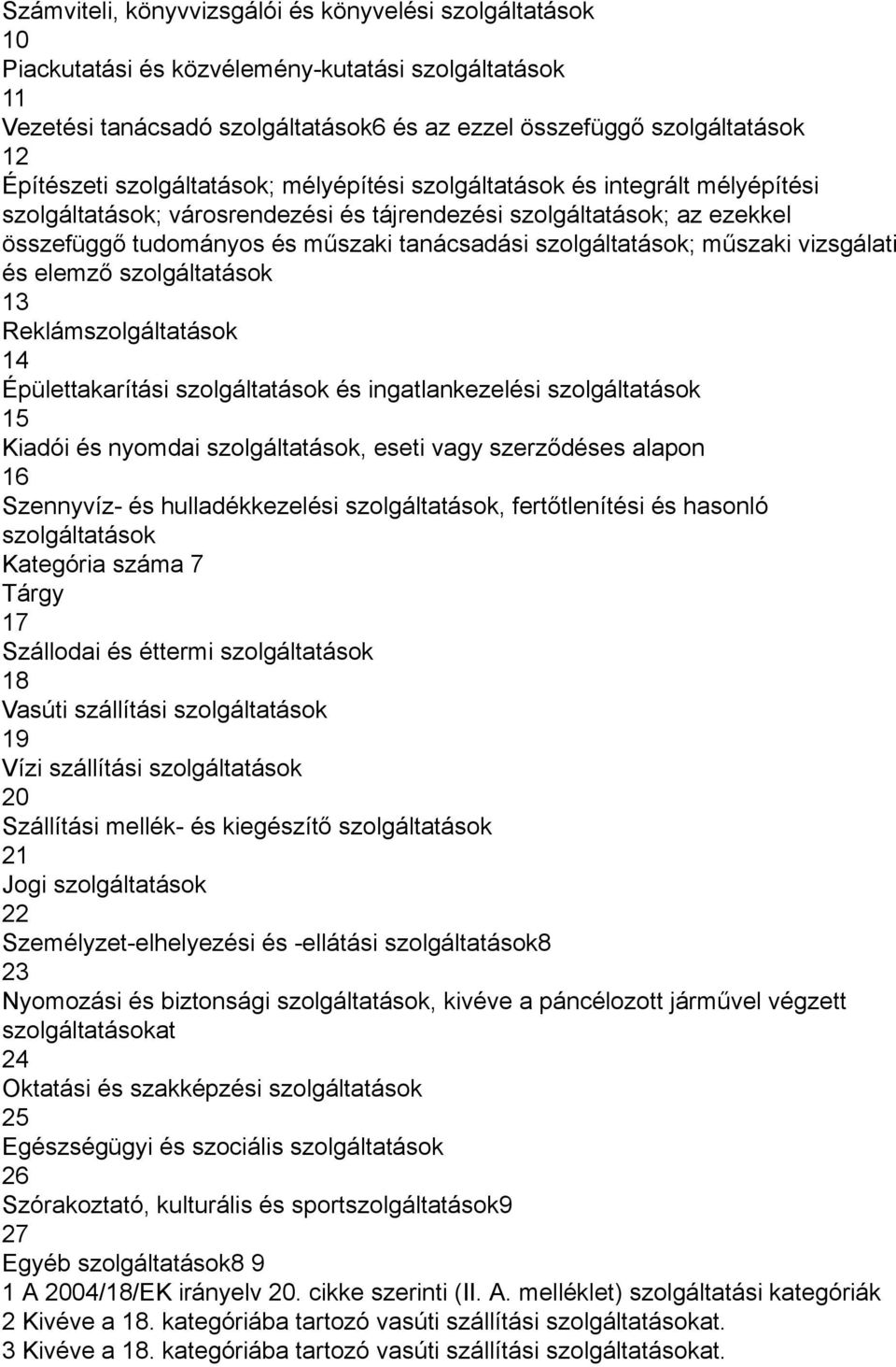 szolgáltatások; műszaki vizsgálati és elemző szolgáltatások 13 Reklámszolgáltatások 14 Épülettakarítási szolgáltatások és ingatlankezelési szolgáltatások 15 Kiadói és nyomdai szolgáltatások, eseti