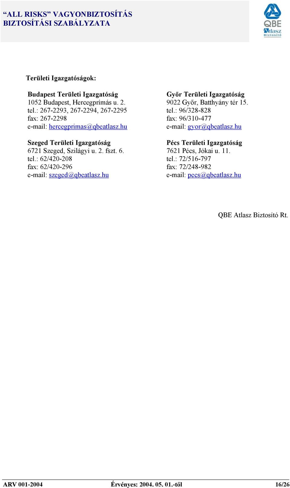 : 62/420-208 fax: 62/420-296 e-mail: szeged@qbeatlasz.hu Győr Területi Igazgatóság 9022 Győr, Batthyány tér 15. tel.