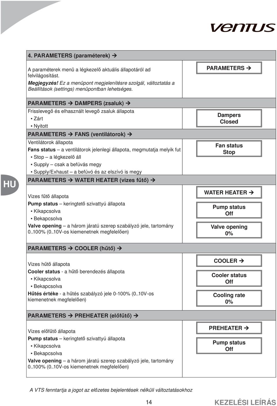 PARAMETERS PARAMETERS DAMPERS (zsaluk) Frisslevegő és elhasznált levegő zsaluk állapota Zárt Nyitott PARAMETERS FANS (ventilátorok) Ventilátorok állapota Fans status a ventilátorok jelenlegi