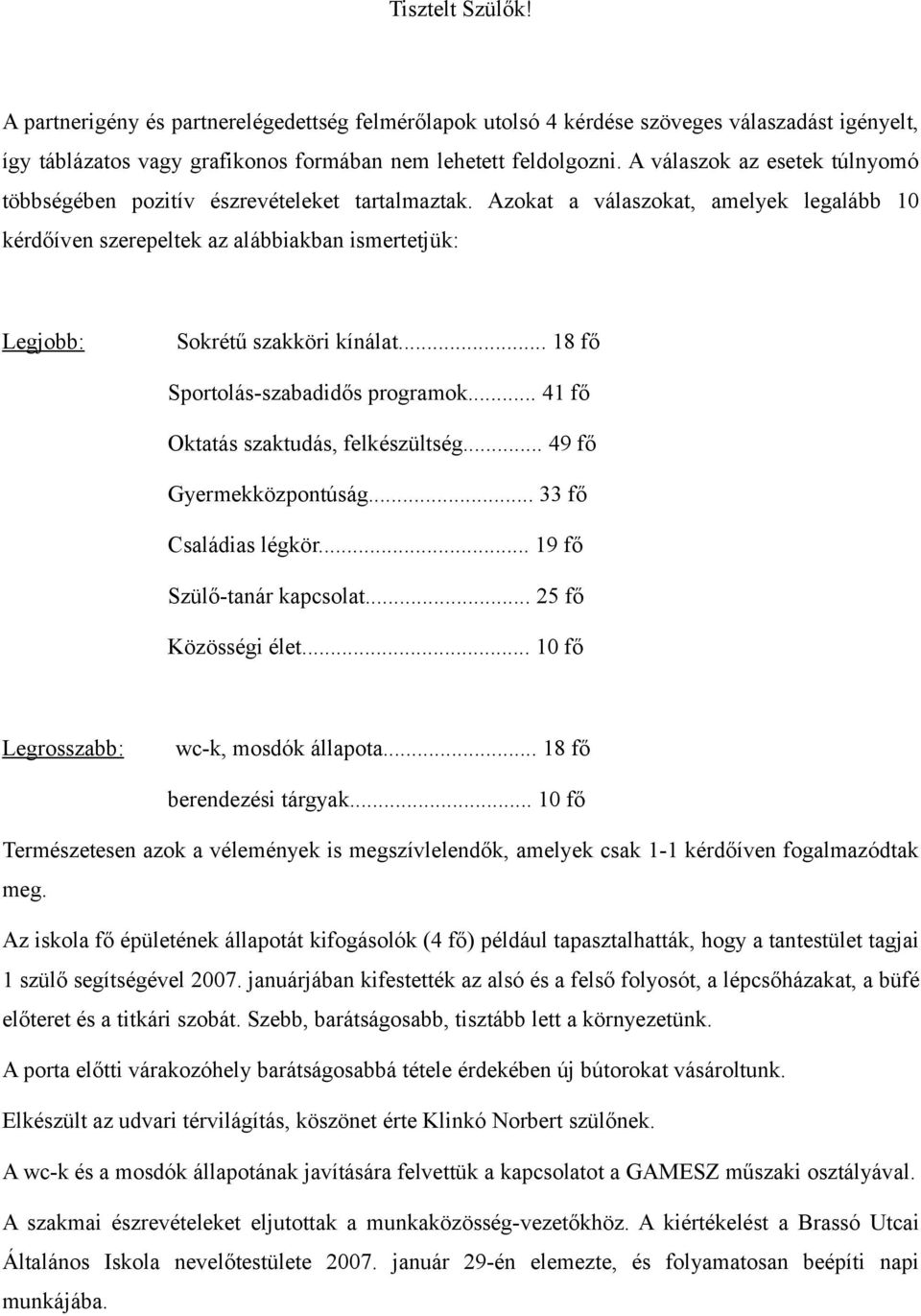 Azokat a válaszokat, amelyek legalább 10 kérdőíven szerepeltek az alábbiakban ismertetjük: Legjobb: Sokrétű szakköri kínálat... 18 fő Sportolás-szabadidős programok.