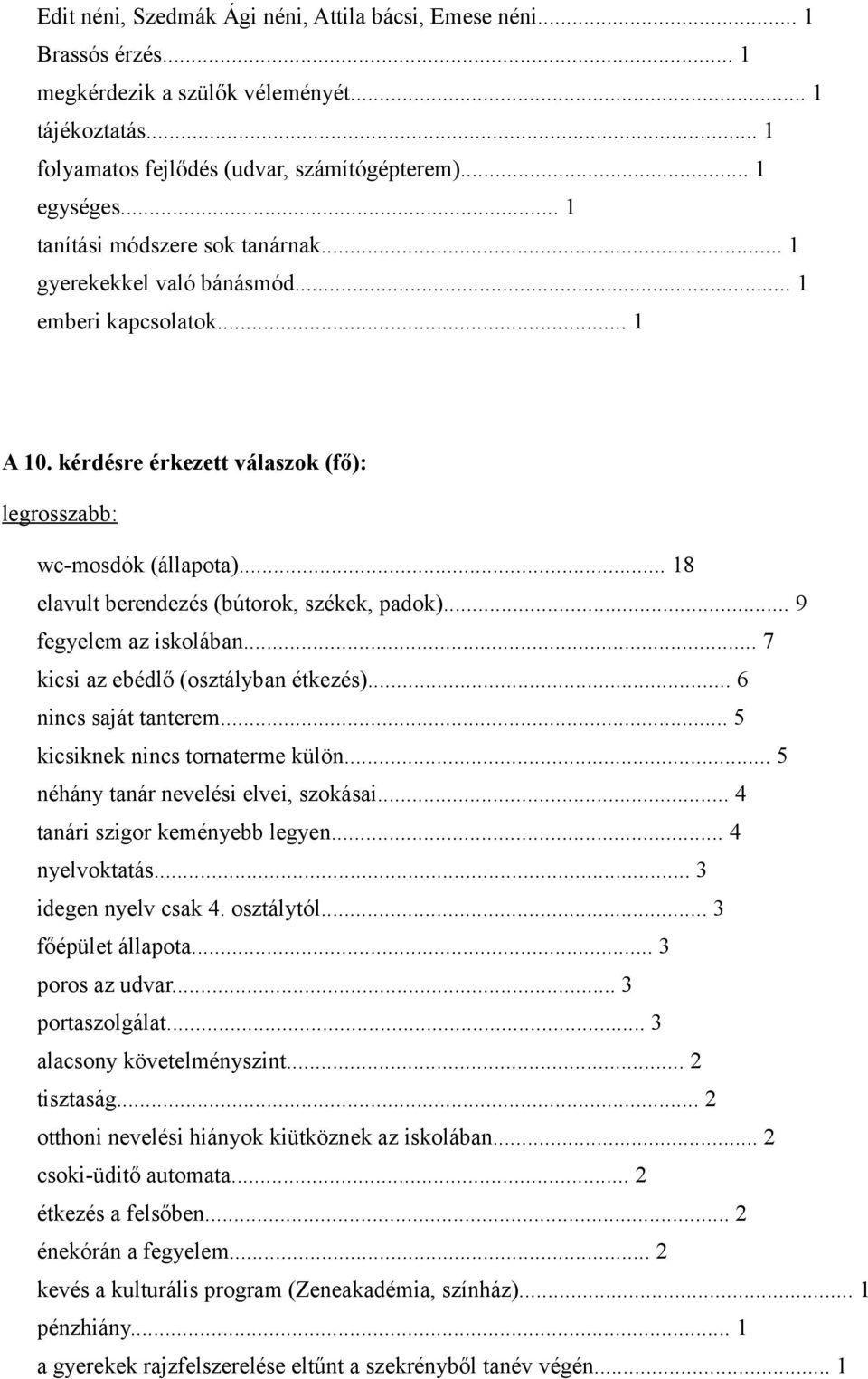 .. 18 elavult berendezés (bútorok, székek, padok)... 9 fegyelem az iskolában... 7 kicsi az ebédlő (osztályban étkezés)... 6 nincs saját tanterem... 5 kicsiknek nincs tornaterme külön.