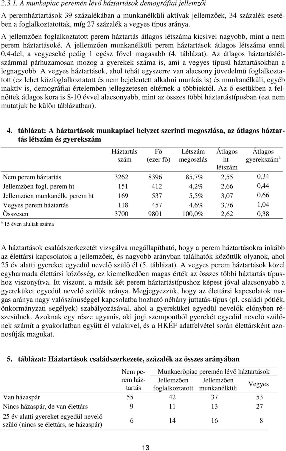 típus aránya. A jellemzően foglalkoztatott perem háztartás átlagos létszáma kicsivel nagyobb, mint a nem perem háztartásoké.