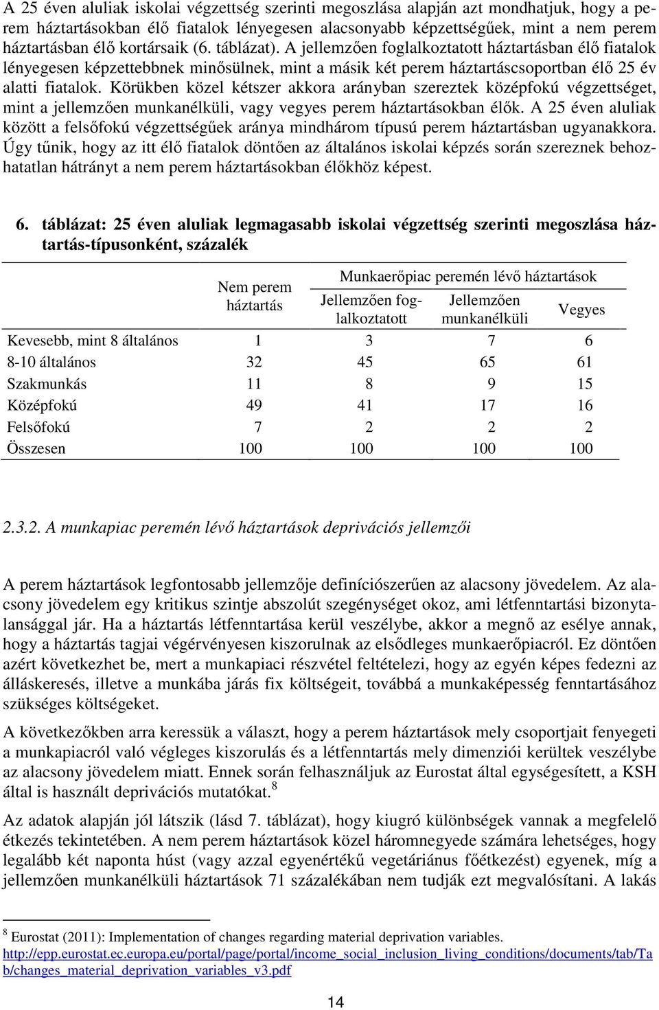 Körükben közel kétszer akkora arányban szereztek középfokú végzettséget, mint a jellemzően munkanélküli, vagy vegyes perem háztartásokban élők.