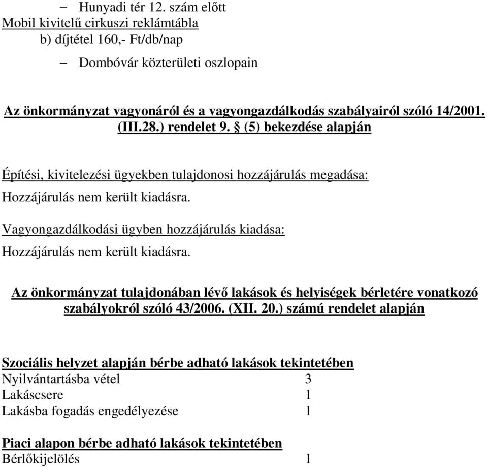 (III.28.) rendelet 9. (5) bekezdése alapján Építési, kivitelezési ügyekben tulajdonosi hozzájárulás megadása: Hozzájárulás nem került kiadásra.