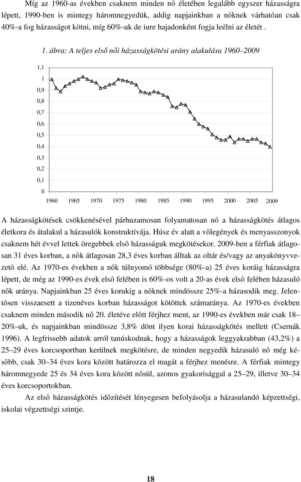 ábra: A teljes első női házasságkötési arány alakulása 1960 2009 1,1 1 0,9 0,8 0,7 0,6 0,5 0,4 0,3 0,2 0,1 0 1960 1965 1970 1975 1980 1985 1990 1995 2000 2005 2009 A házasságkötések csökkenésével