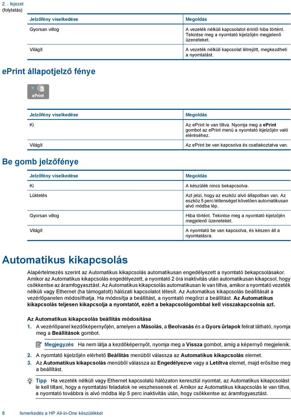 Nyomja meg a eprint gombot az eprint menü a nyomtató kijelzőjén való eléréséhez. Az eprint be van kapcsolva és csatlakoztatva van.