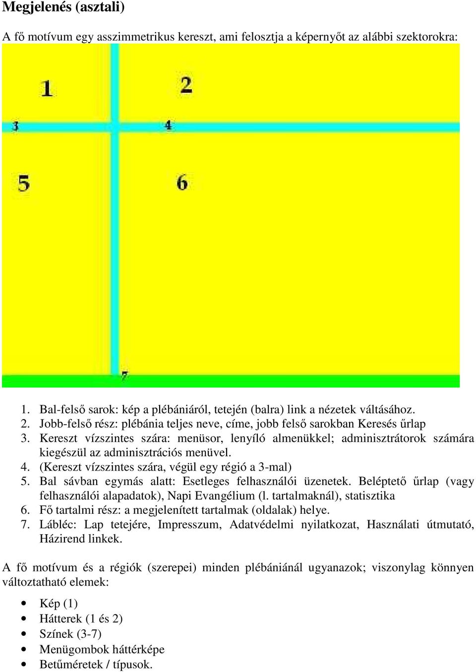 4. (Kereszt vízszintes szára, végül egy régió a 3-mal) 5. Bal sávban egymás alatt: Esetleges felhasználói üzenetek. Beléptetı őrlap (vagy felhasználói alapadatok), Napi Evangélium (l.