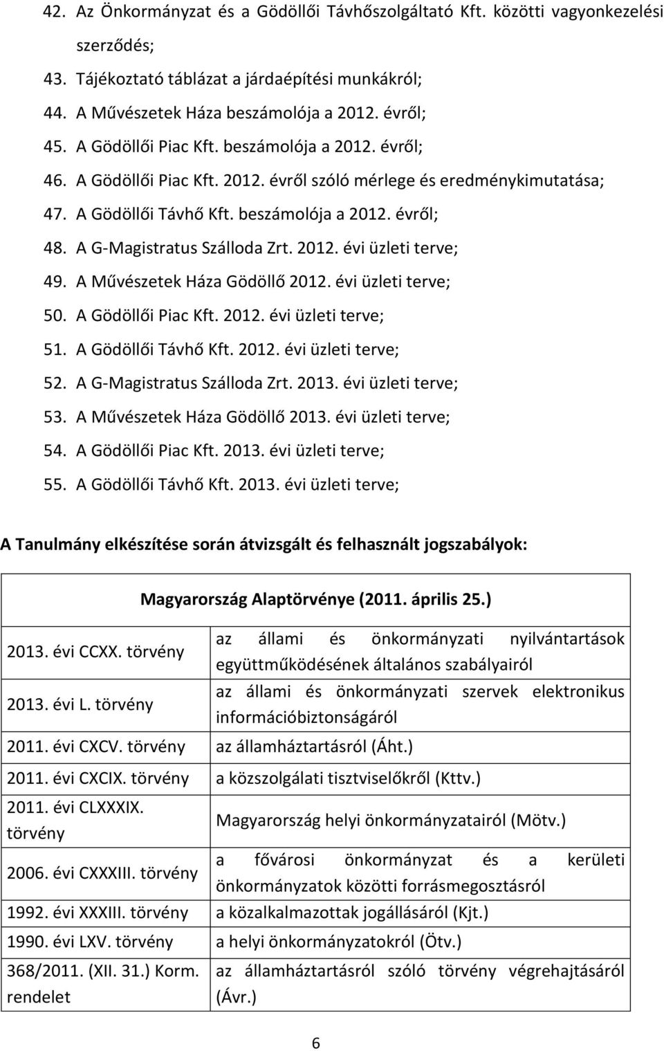 A G-Magistratus Szálloda Zrt. 2012. évi üzleti terve; 49. A Művészetek Háza Gödöllő 2012. évi üzleti terve; 50. A Gödöllői Piac Kft. 2012. évi üzleti terve; 51. A Gödöllői Távhő Kft. 2012. évi üzleti terve; 52.