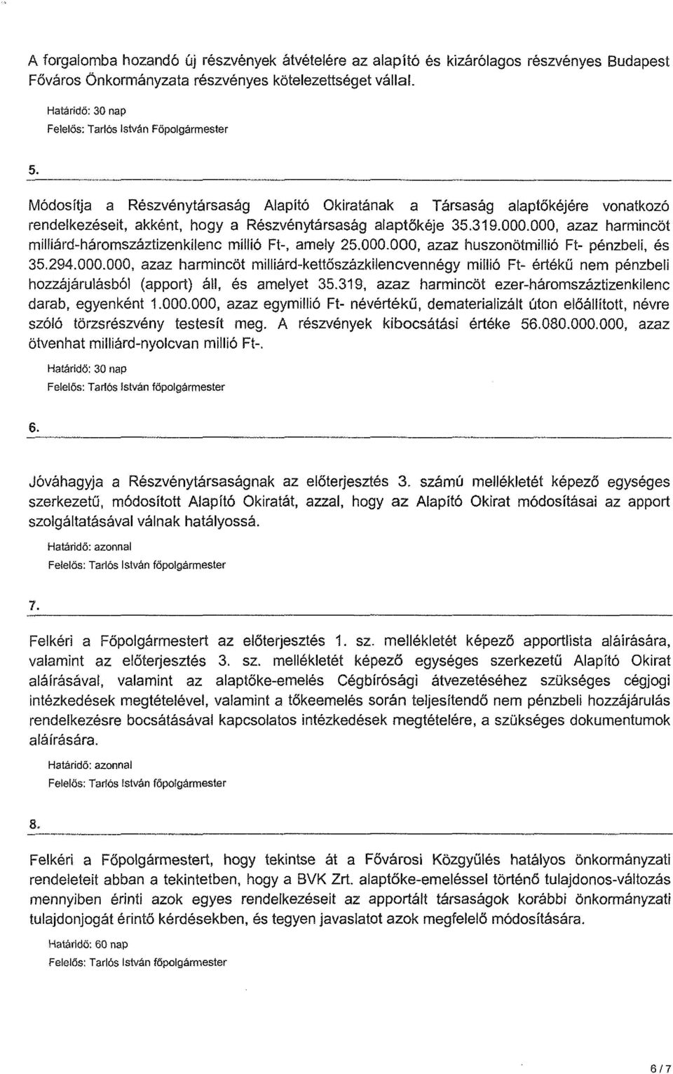 Módosítja a Részvénytársaság Alapító Okiratának a Társaság alaptökéjére vonatkozó rendelkezéseit, akként, hogy a Részvénytársaság alaptőkéje 35.319.000.