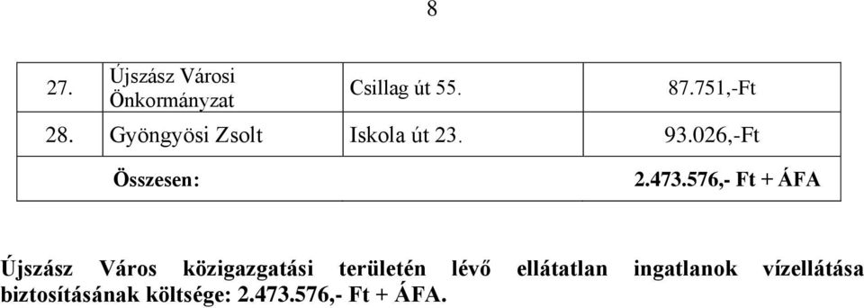 576,- Ft + ÁFA Újszász Város közigazgatási területén lévő