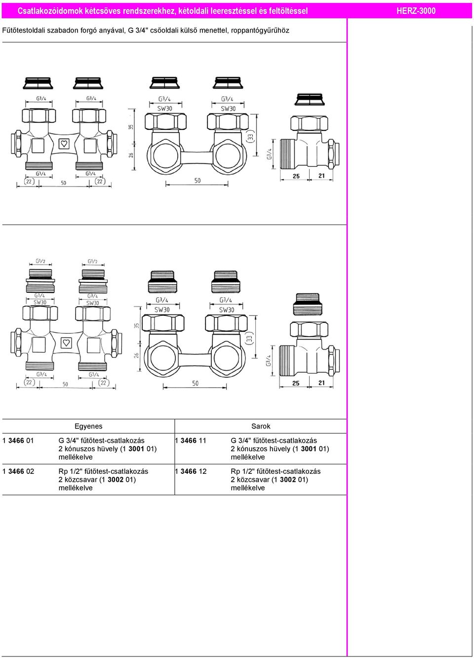 kónuszos hüvely (1 3001 01) 1 3466 02 Rp 1/2" fűtőtest-csatlakozás 2 közcsavar (1 3002 01) Sarok 1 3466 11 G