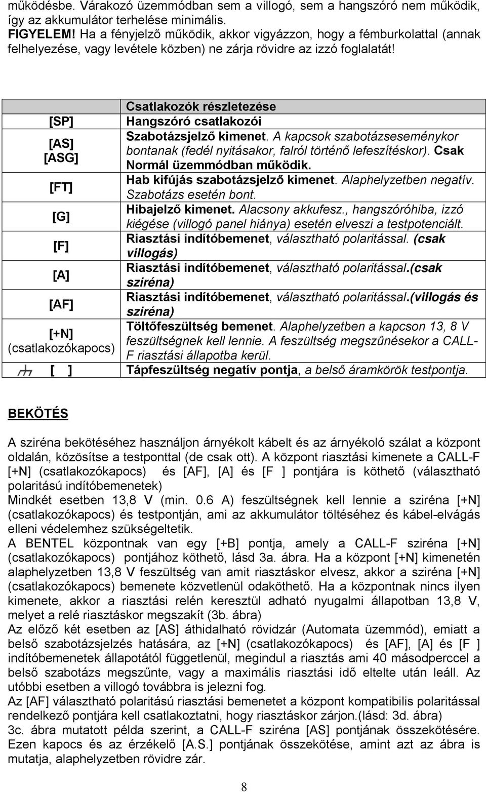 Csatlakozók részletezése [SP] Hangszóró csatlakozói Szabotázsjelző kimenet. A kapcsok szabotázseseménykor [AS] bontanak (fedél nyitásakor, falról történő lefeszítéskor).