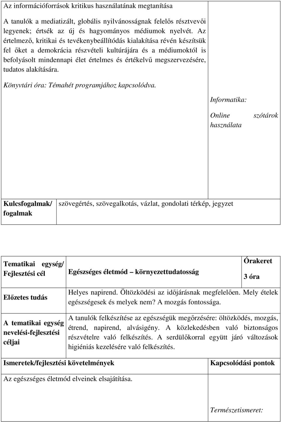 megszervezésére, tudatos alakítására. Könyvtári óra: Témahét programjához kapcsolódva.