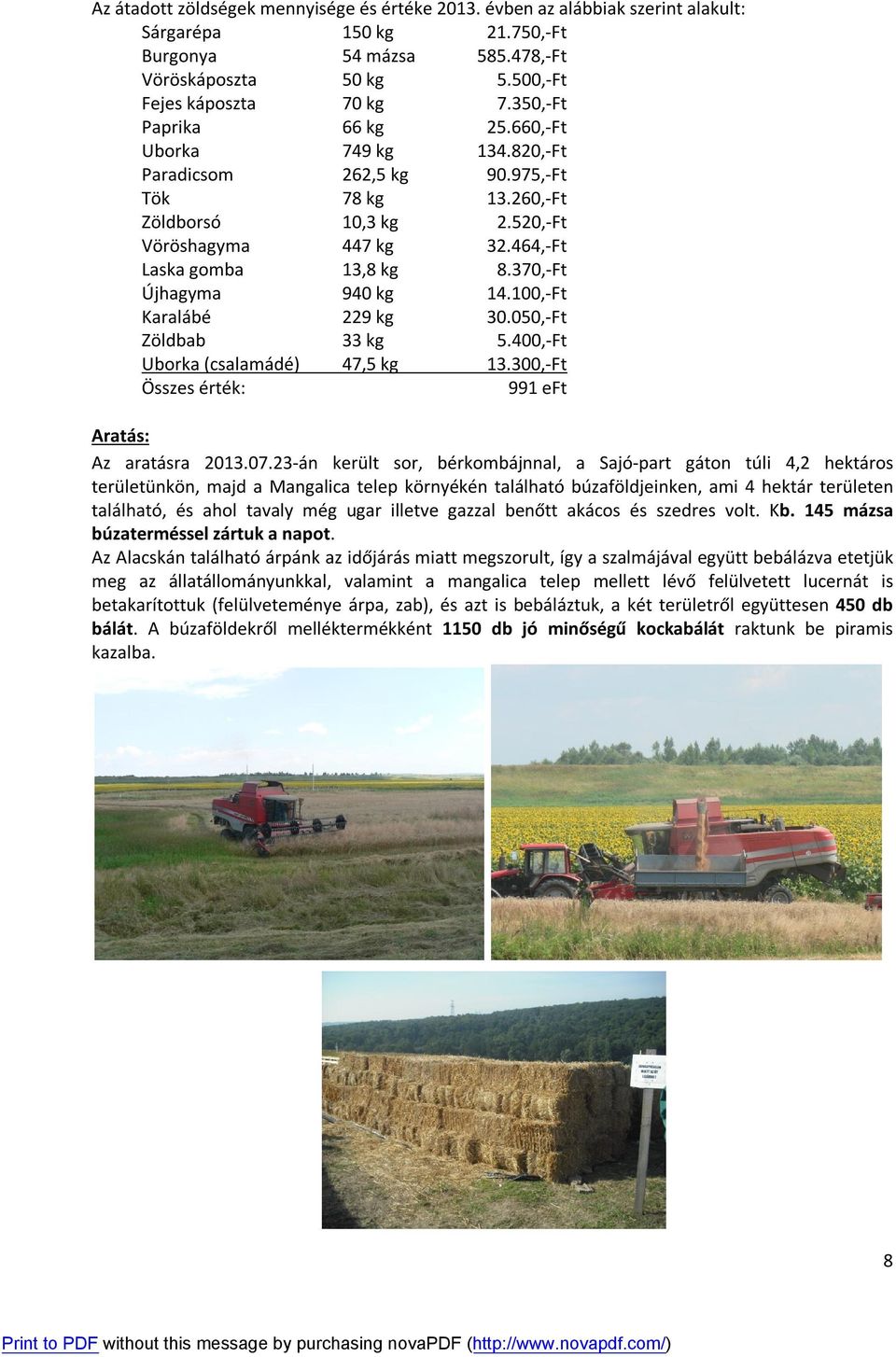 370,-Ft Újhagyma 940 kg 14.100,-Ft Karalábé 229 kg 30.050,-Ft Zöldbab 33 kg 5.400,-Ft Uborka (csalamádé) 47,5 kg 13.300,-Ft Összes érték: 991 eft Aratás: Az aratásra 2013.07.