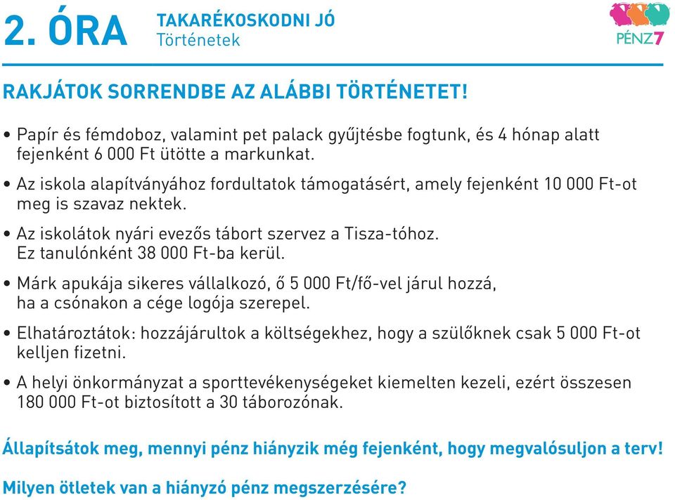 Márk apukája sikeres vállalkozó, ő 5 000 Ft/fő-vel járul hozzá, ha a csónakon a cége logója szerepel. Elhatároztátok: hozzájárultok a költségekhez, hogy a szülőknek csak 5 000 Ft-ot kelljen fizetni.