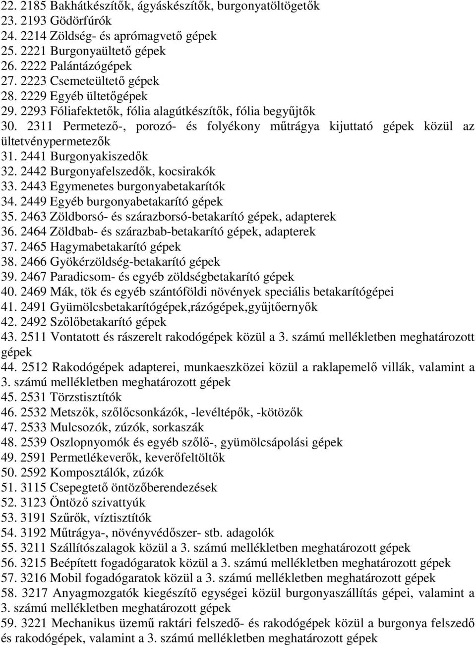 2311 Permetező-, porozó- és folyékony műtrágya kijuttató gépek közül az ültetvénypermetezők 31. 2441 Burgonyakiszedők 32. 2442 Burgonyafelszedők, kocsirakók 33. 2443 Egymenetes burgonyabetakarítók 34.
