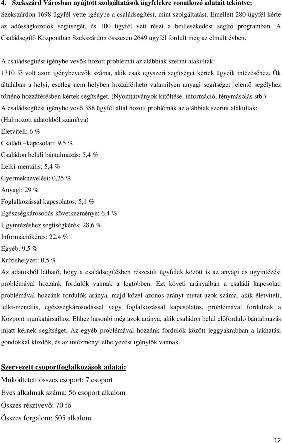 A Családsegítı Központban Szekszárdon összesen 2649 ügyfél fordult meg az elmúlt évben.