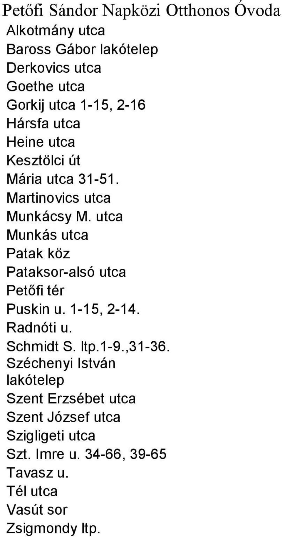 utca Munkás utca Patak köz Pataksor-alsó utca Petőfi tér Puskin u. 1-15, 2-14. Radnóti u. Schmidt S. ltp.1-9.,31-36.