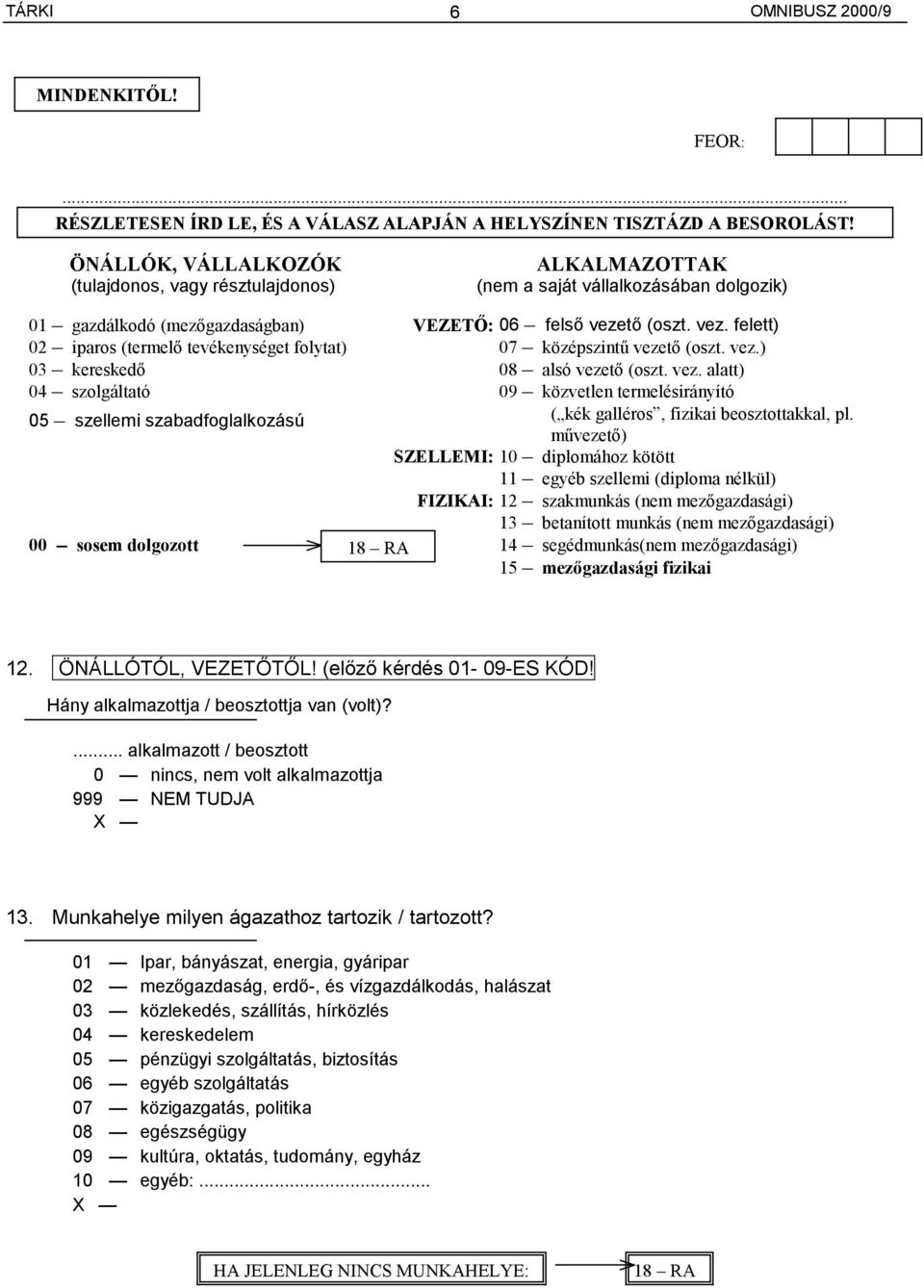 tő (oszt. vez. felett) 02 iparos (termelő tevékenységet folytat) 07 középszintű vezető (oszt. vez.) 03 kereskedő 08 alsó vezető (oszt. vez. alatt) 04 szolgáltató 09 közvetlen termelésirányító 05 szellemi szabadfoglalkozású ( kék galléros, fizikai beosztottakkal, pl.