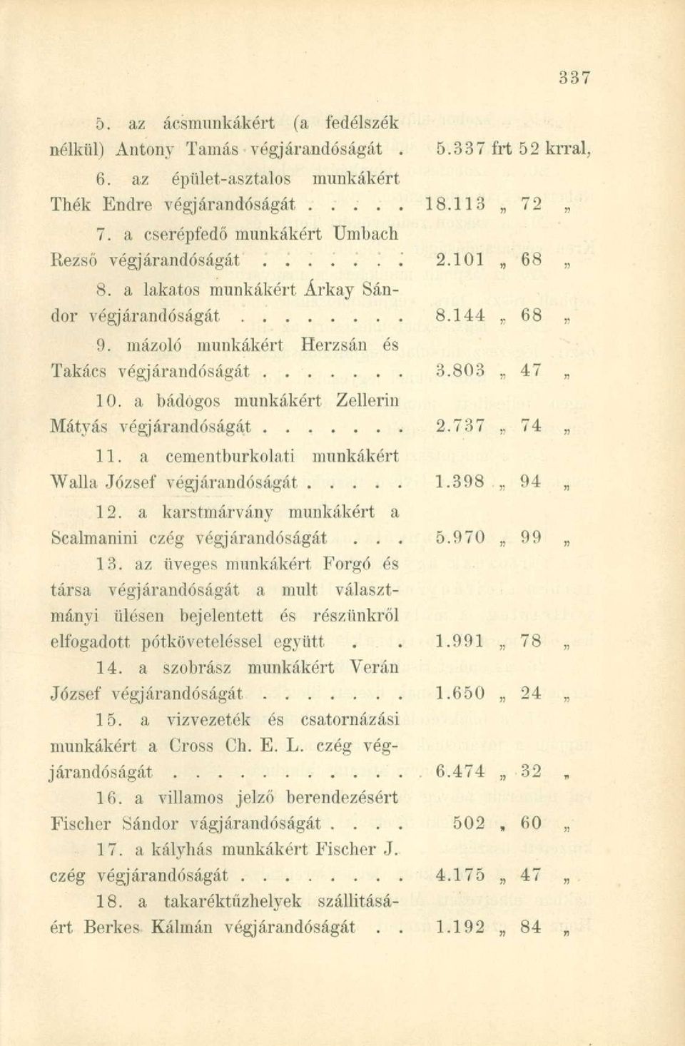 a cementburkolati munkákért Walla József végjárandóságát 12. a karstmárvány munkákért a Scalmanini czég végjárandóságát... 13.