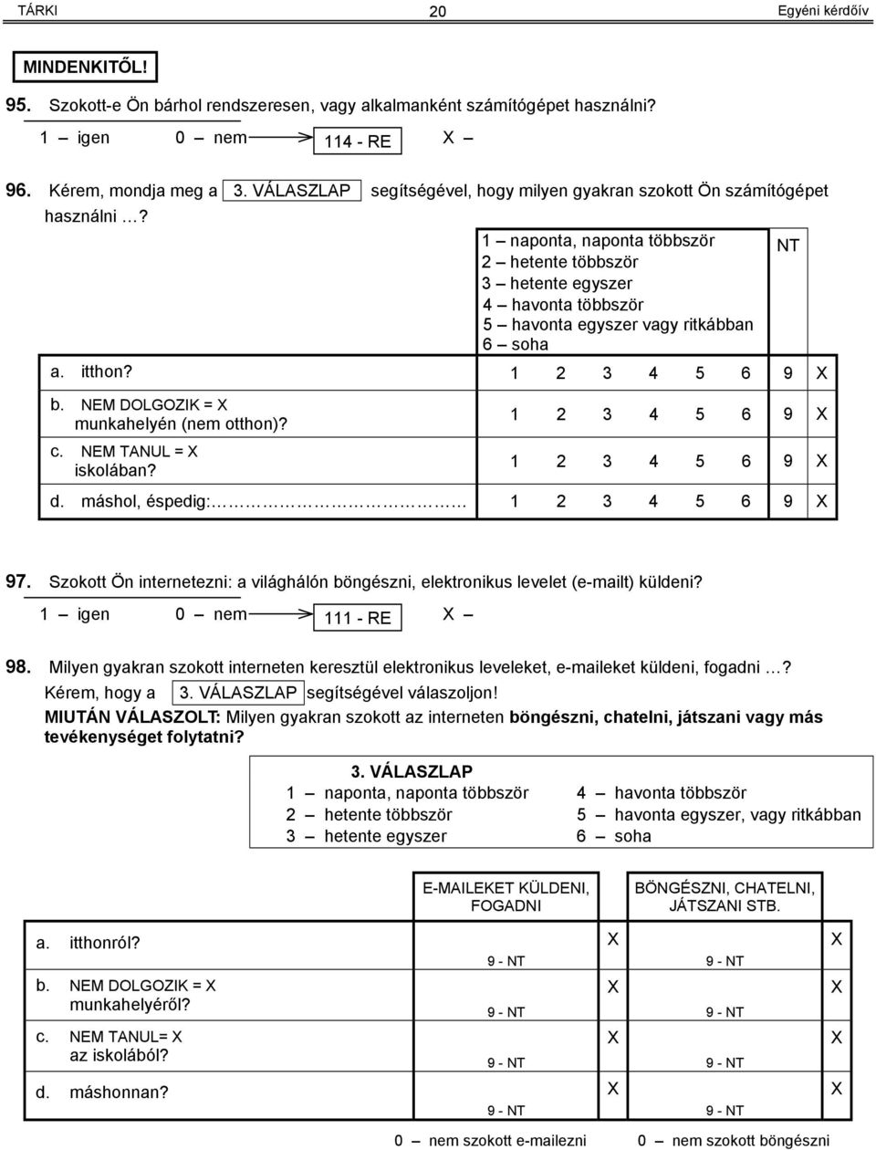 1 naponta, naponta többször 2 hetente többször 3 hetente egyszer 4 havonta többször 5 havonta egyszer vagy ritkábban 6 soha a. itthon? 1 2 3 4 5 6 9 X NT b. NEM DOLGOZIK = X munkahelyén (nem otthon)?