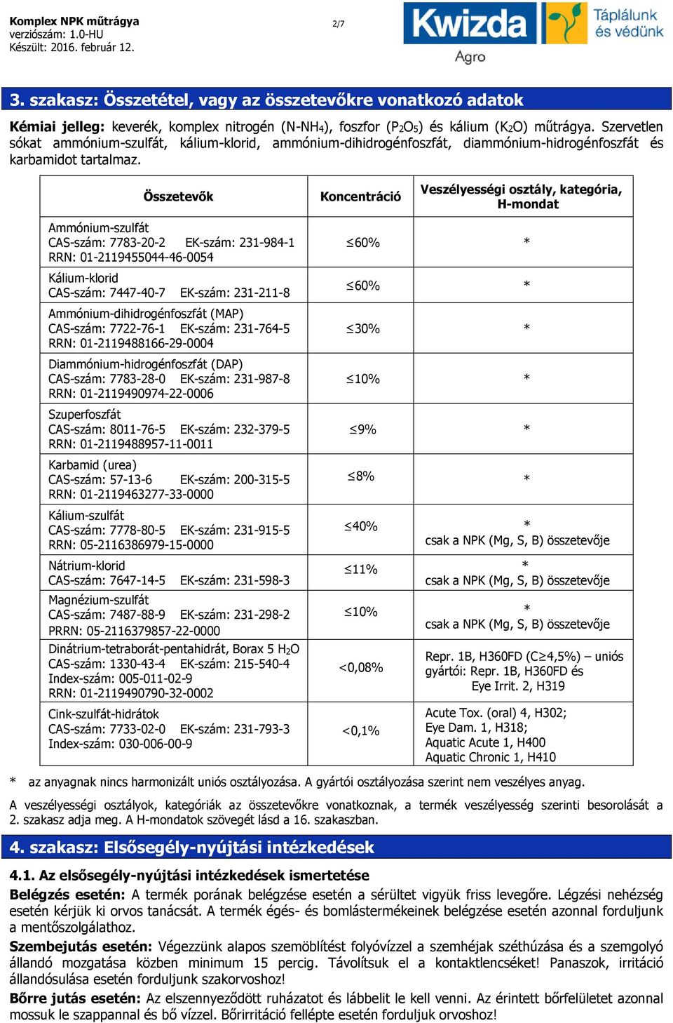 Összetevők Koncentráció Veszélyességi osztály, kategória, H-mondat Ammónium-szulfát CAS-szám: 7783-20-2 EK-szám: 231-984-1 RRN: 01-2119455044-46-0054 Kálium-klorid CAS-szám: 7447-40-7 EK-szám: