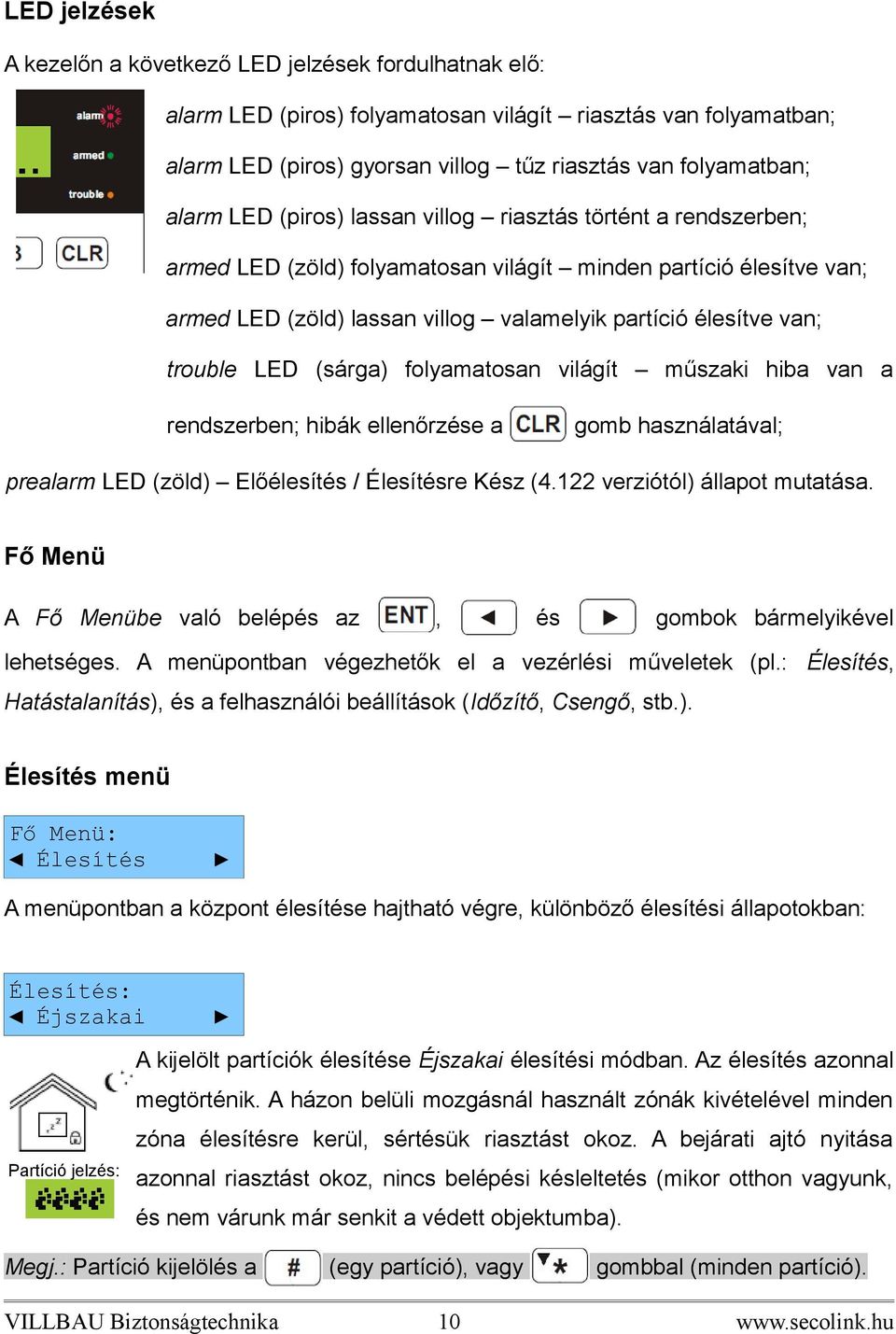LED (sárga) folyamatosan világít műszaki hiba van a rendszerben; hibák ellenőrzése a gomb használatával; prealarm LED (zöld) Előélesítés / Élesítésre Kész (4.122 verziótól) állapot mutatása.