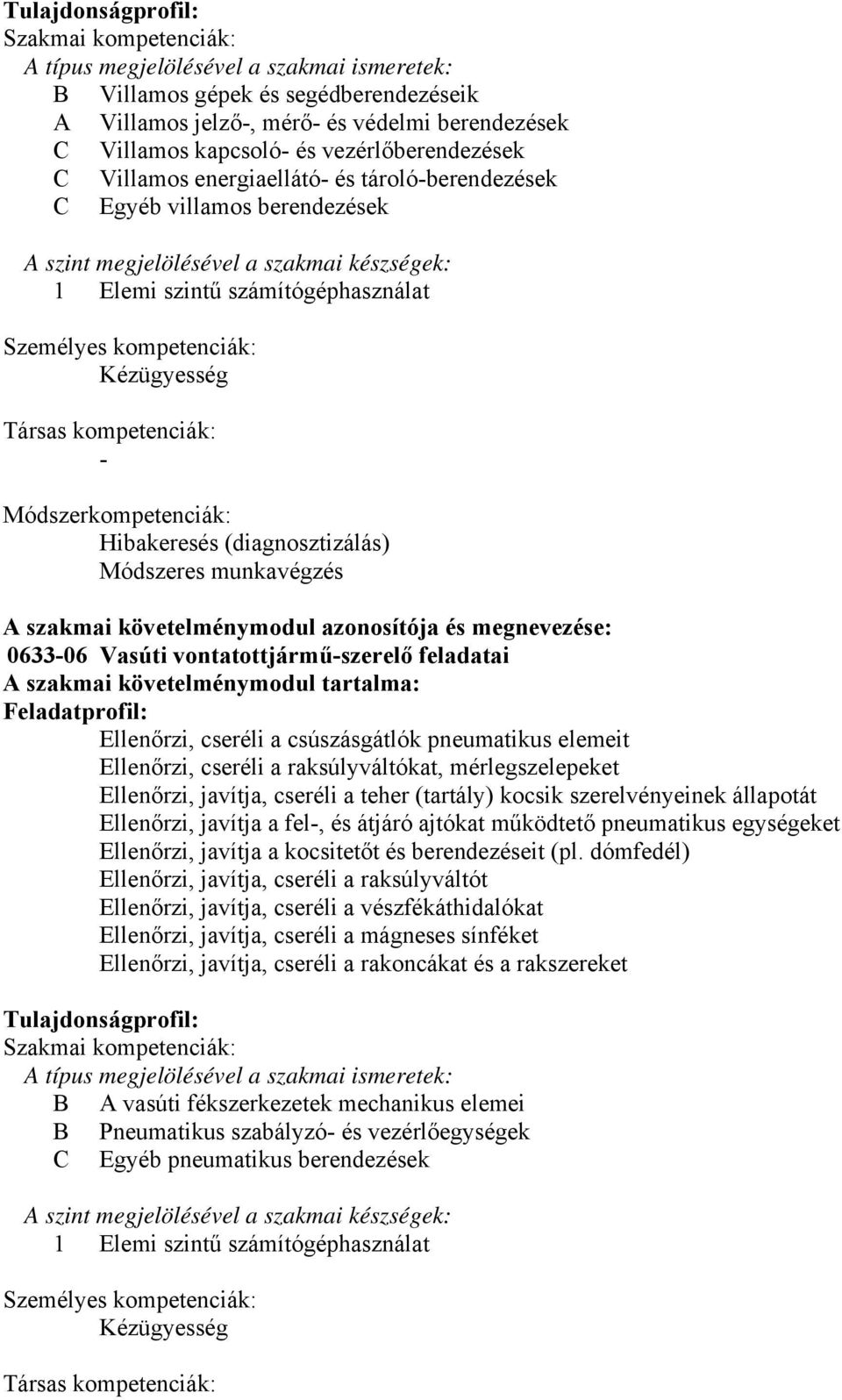 kompetenciák: Kézügyesség Társas kompetenciák: - Módszerkompetenciák: Hibakeresés (diagnosztizálás) Módszeres munkavégzés A szakmai követelménymodul azonosítója és megnevezése: 0633-06 Vasúti