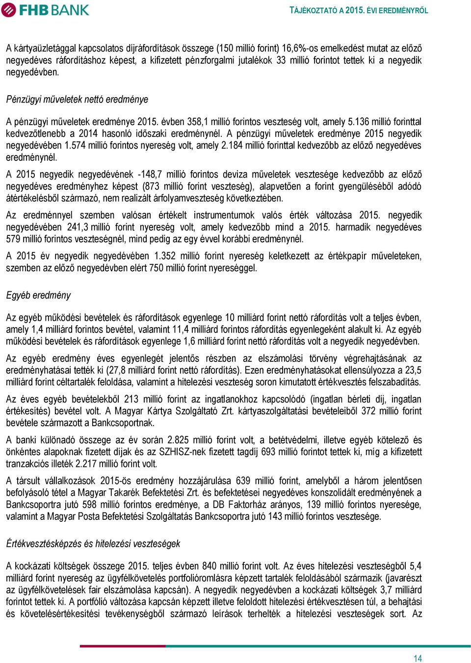 136 millió forinttal kedvezőtlenebb a 2014 hasonló időszaki eredménynél. A pénzügyi műveletek eredménye 2015 negyedik negyedévében 1.574 millió forintos nyereség volt, amely 2.