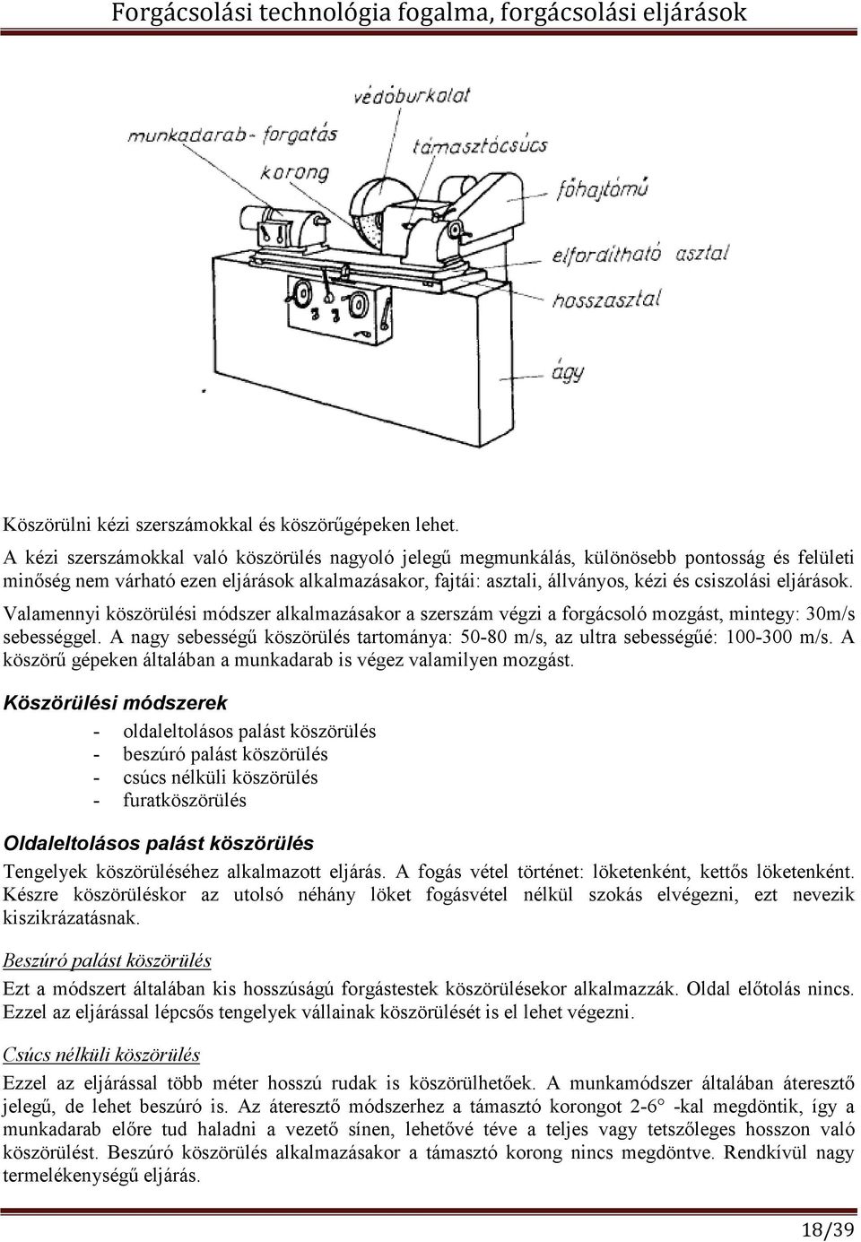 eljárások. Valamennyi köszörülési módszer alkalmazásakor a szerszám végzi a forgácsoló mozgást, mintegy: 30m/s sebességgel.