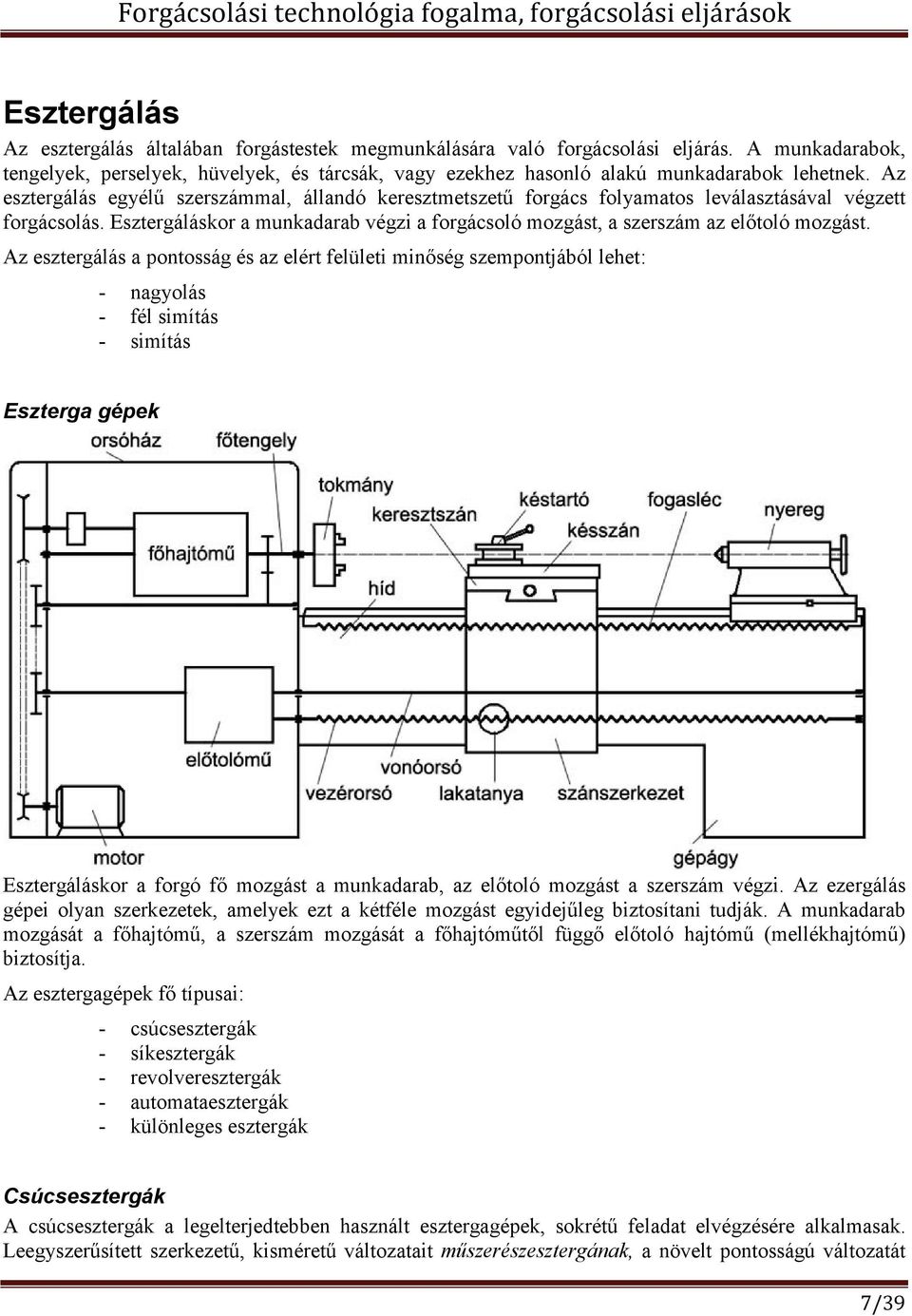 Az esztergálás egyélű szerszámmal, állandó keresztmetszetű forgács folyamatos leválasztásával végzett forgácsolás.