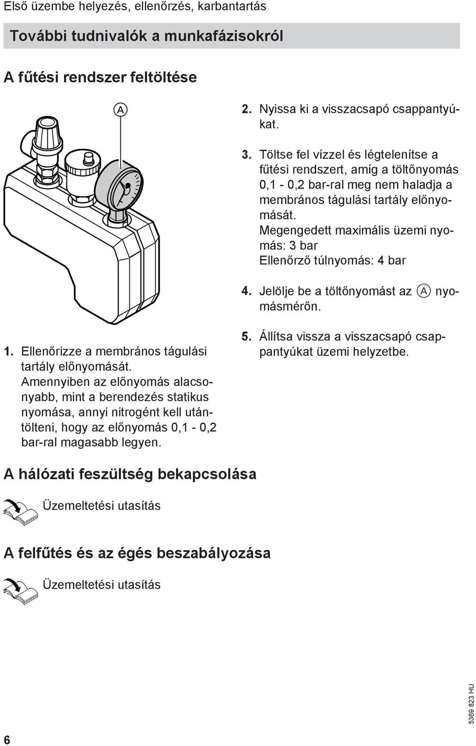 Megengedett maximális üzemi nyomás: 3 bar Ellenőrző túlnyomás: 4 bar 4. Jelölje be a töltőnyomást az A nyomásmérőn. 1. Ellenőrizze a membrános tágulási tartály előnyomását.