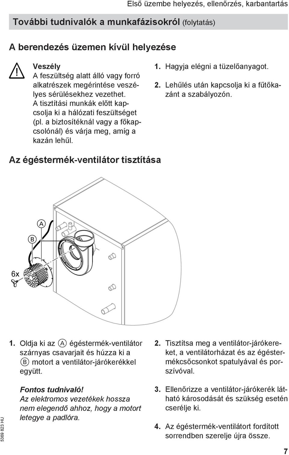 Hagyja elégni a tüzelőanyagot. 2. Lehűlés után kapcsolja ki a fűtőkazánt a szabályozón. Az égéstermék-ventilátor tisztítása B A 6x 1.