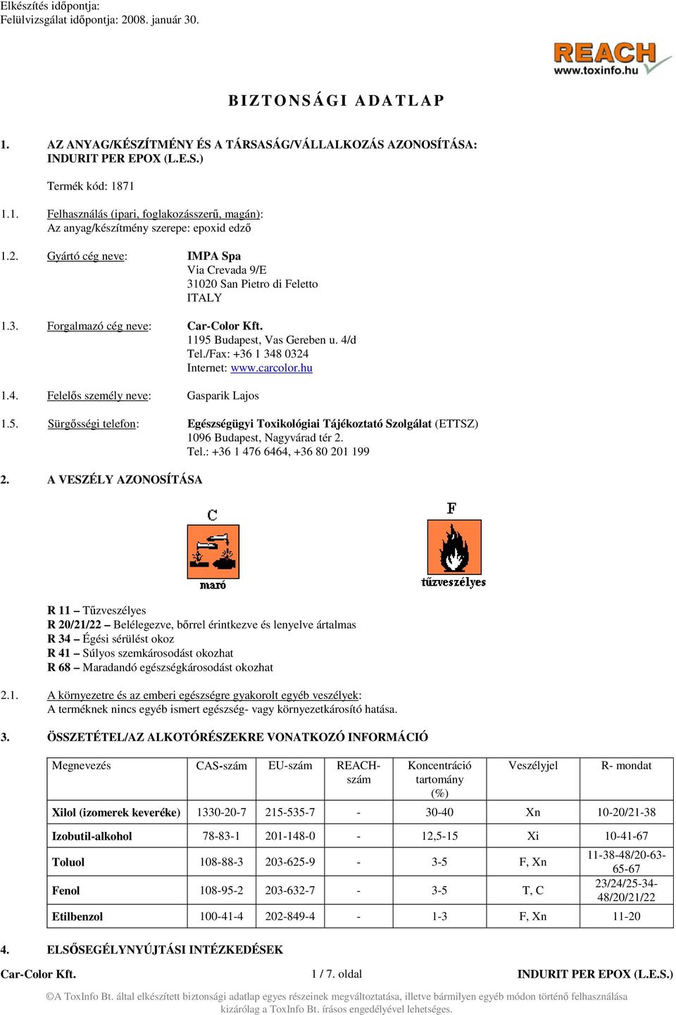 5. Sürgősségi telefon: Egészségügyi Toxikológiai Tájékoztató Szolgálat (ETTSZ) 1096 Budapest, Nagyvárad tér 2. Tel.: +36 1 476 6464, +36 80 201 199 2.