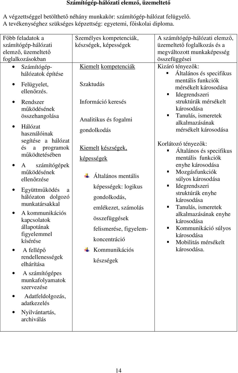 Rendszer mőködésének összehangolása Hálózat használóinak segítése a hálózat és a programok mőködtetésében A számítógépek mőködésének ellenırzése Együttmőködés a hálózaton dolgozó munkatársakkal A