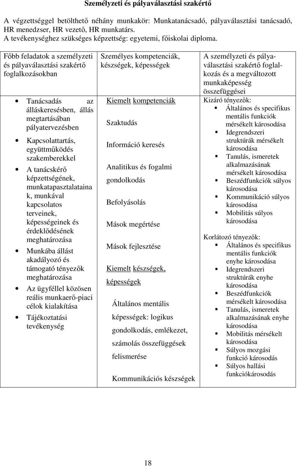 Fıbb feladatok a személyzeti és pályaválasztási szakértı foglalkozásokban Tanácsadás az álláskeresésben, állás megtartásában pályatervezésben Kapcsolattartás, együttmőködés szakemberekkel A