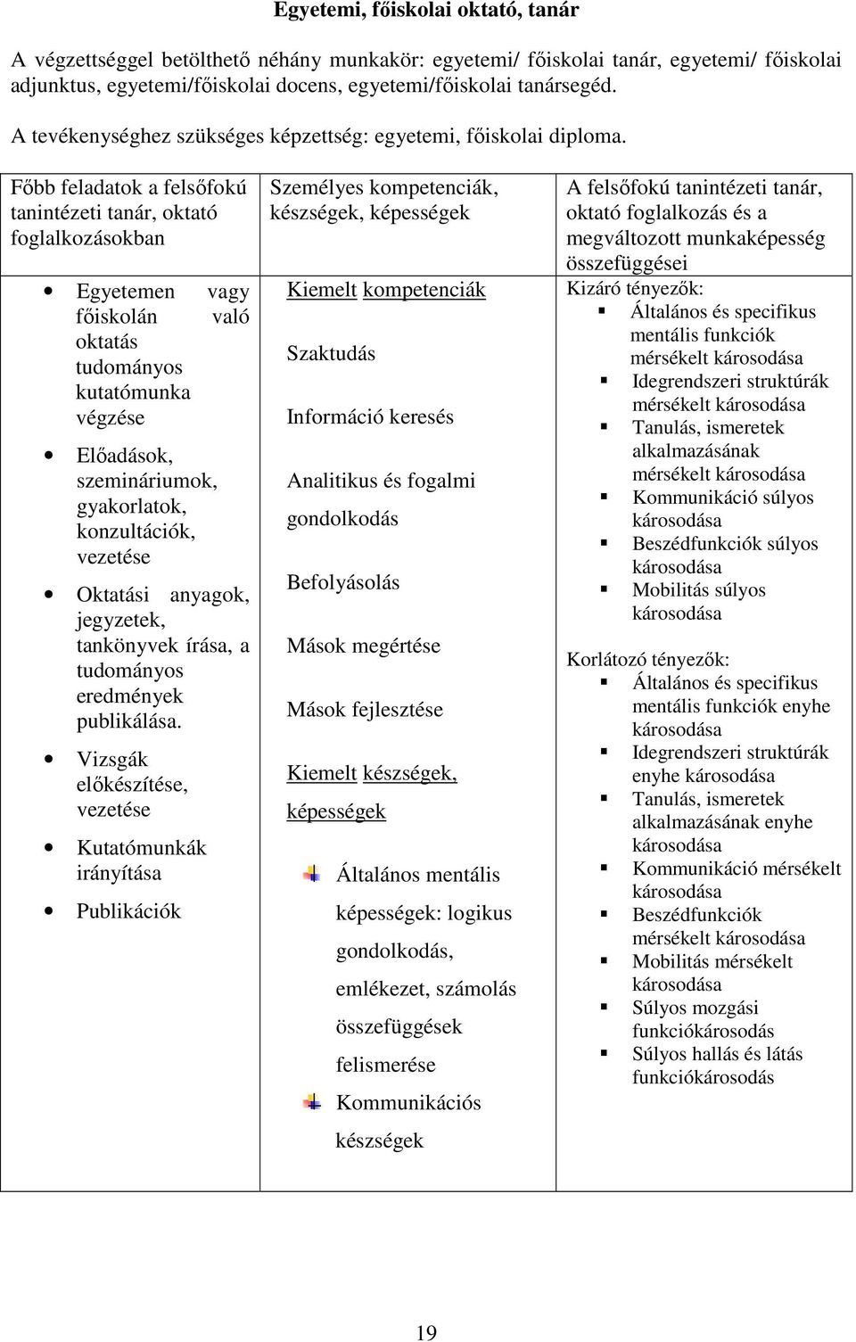 Fıbb feladatok a felsıfokú tanintézeti tanár, oktató foglalkozásokban Egyetemen vagy fıiskolán való oktatás tudományos kutatómunka végzése Elıadások, szemináriumok, gyakorlatok, konzultációk,