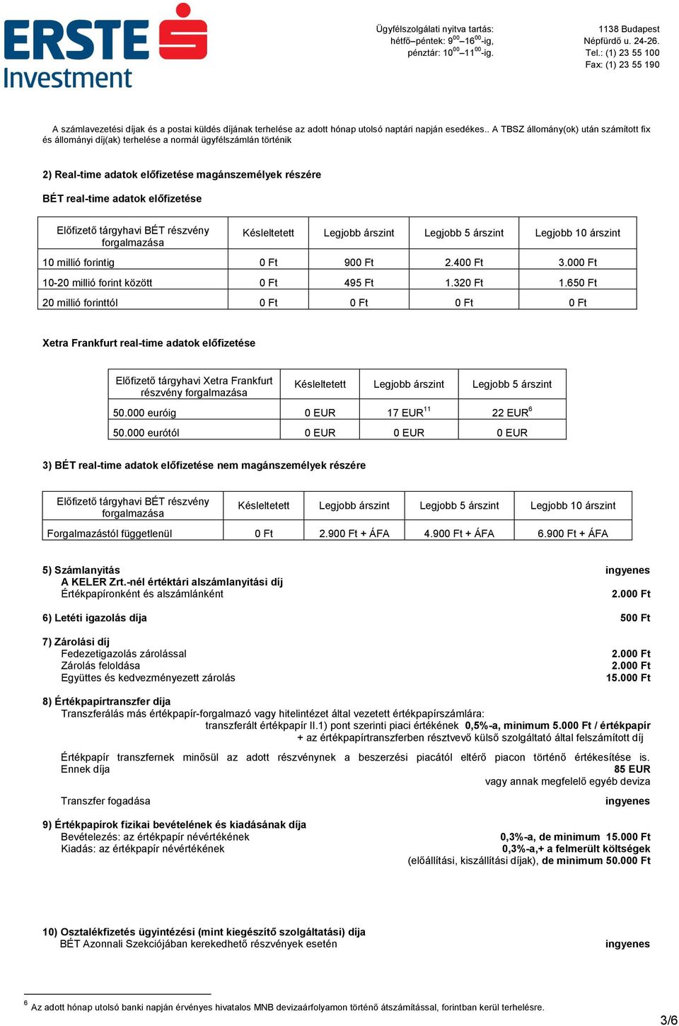 Előfizető tárgyhavi BÉT részvény forgalmazása Késleltetett Legjobb árszint Legjobb 5 árszint Legjobb 10 árszint 10 millió forintig 0 Ft 900 Ft 2.400 Ft 3.