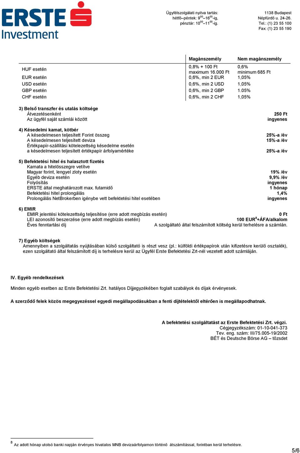 késedelmesen teljesített deviza Értékpapír-szállítási kötelezettség késedelme esetén a késedelmesen teljesített értékpapír árfolyamértéke 250 Ft 25%-a /év 15%-a /év 25%-a /év 5) Befektetési hitel és