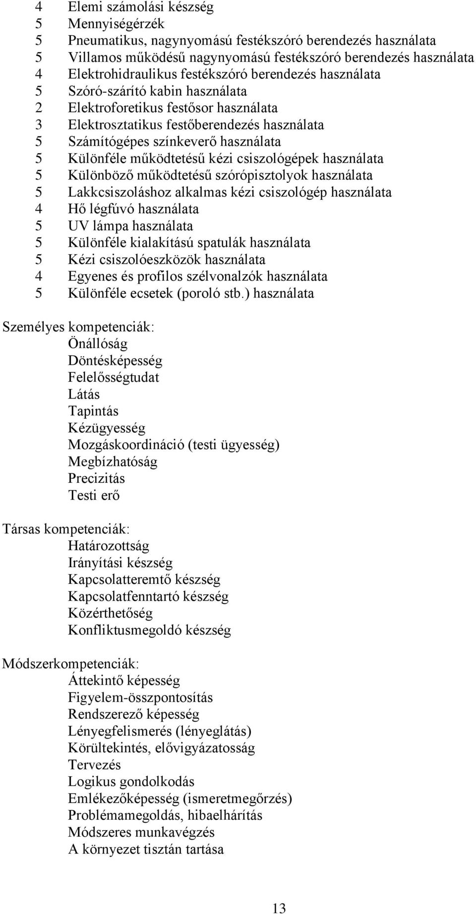 Különféle működtetésű kézi csiszológépek használata 5 Különböző működtetésű szórópisztolyok használata 5 Lakkcsiszoláshoz alkalmas kézi csiszológép használata 4 Hő légfúvó használata 5 UV lámpa