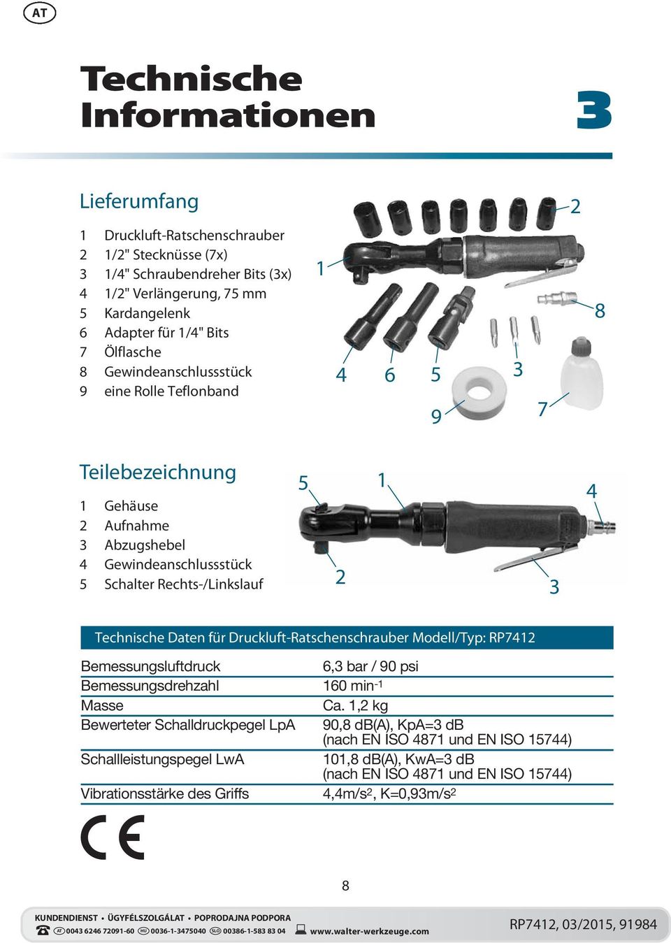 5 1 2 3 4 Technische Daten für Druckluft-Ratschenschrauber Modell/Typ: RP7412 Bemessungsluftdruck 6,3 bar / 90 psi Bemessungsdrehzahl 160 min -1 Masse Ca.