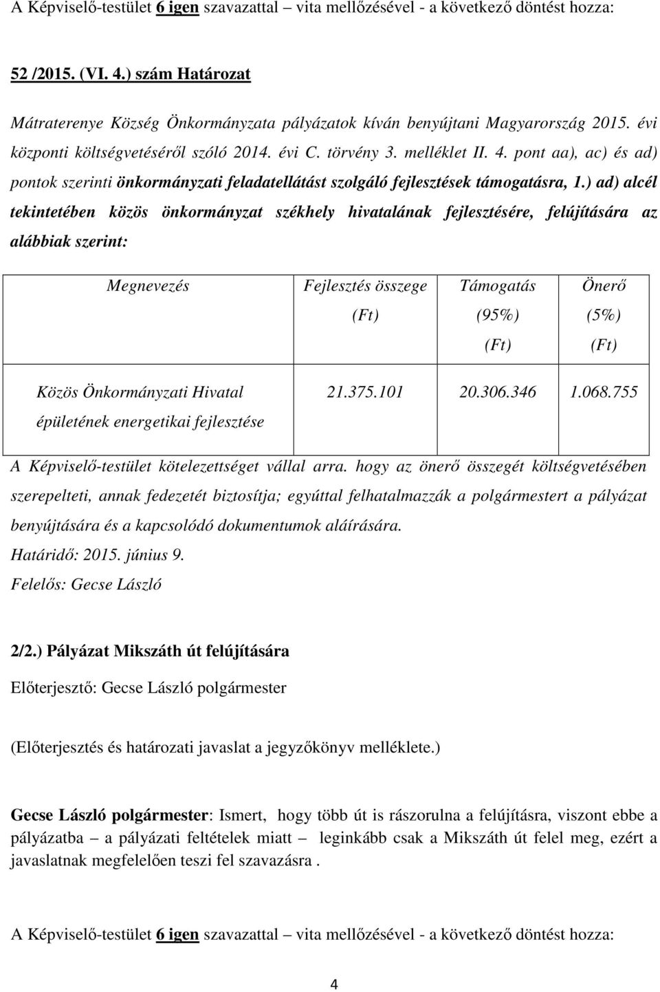 épületének energetikai fejlesztése 21.375.101 20.306.346 1.068.755 A Képviselő-testület kötelezettséget vállal arra.