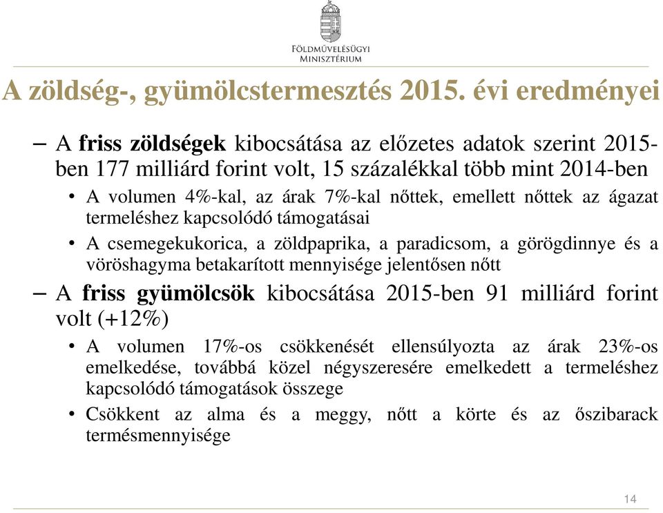 nőttek, emellett nőttek az ágazat termeléshez kapcsolódó támogatásai A csemegekukorica, a zöldpaprika, a paradicsom, a görögdinnye és a vöröshagyma betakarított mennyisége