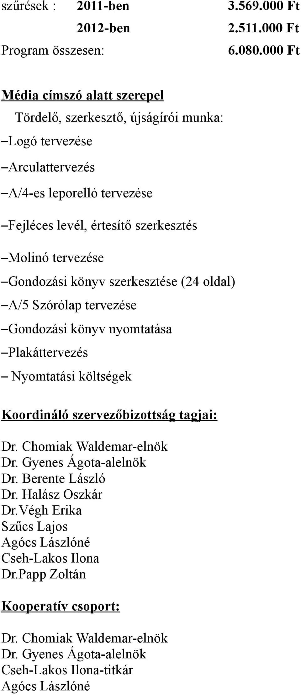 Gondozási könyv szksztés (4 oldal) A/5 Szóólap tvzés Gondozási könyv nyomtatása Plakáttvzés Nyomtatási költségk Koodináló szvzőbizottság tagjai: