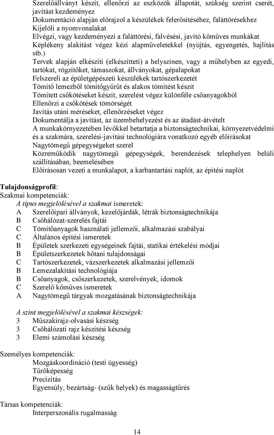 ) Tervek alapján elkészíti (elkészítteti) a helyszínen, vagy a műhelyben az egyedi, tartókat, rögzítőket, támaszokat, állványokat, gépalapokat Felszereli az épületgépészeti készülékek