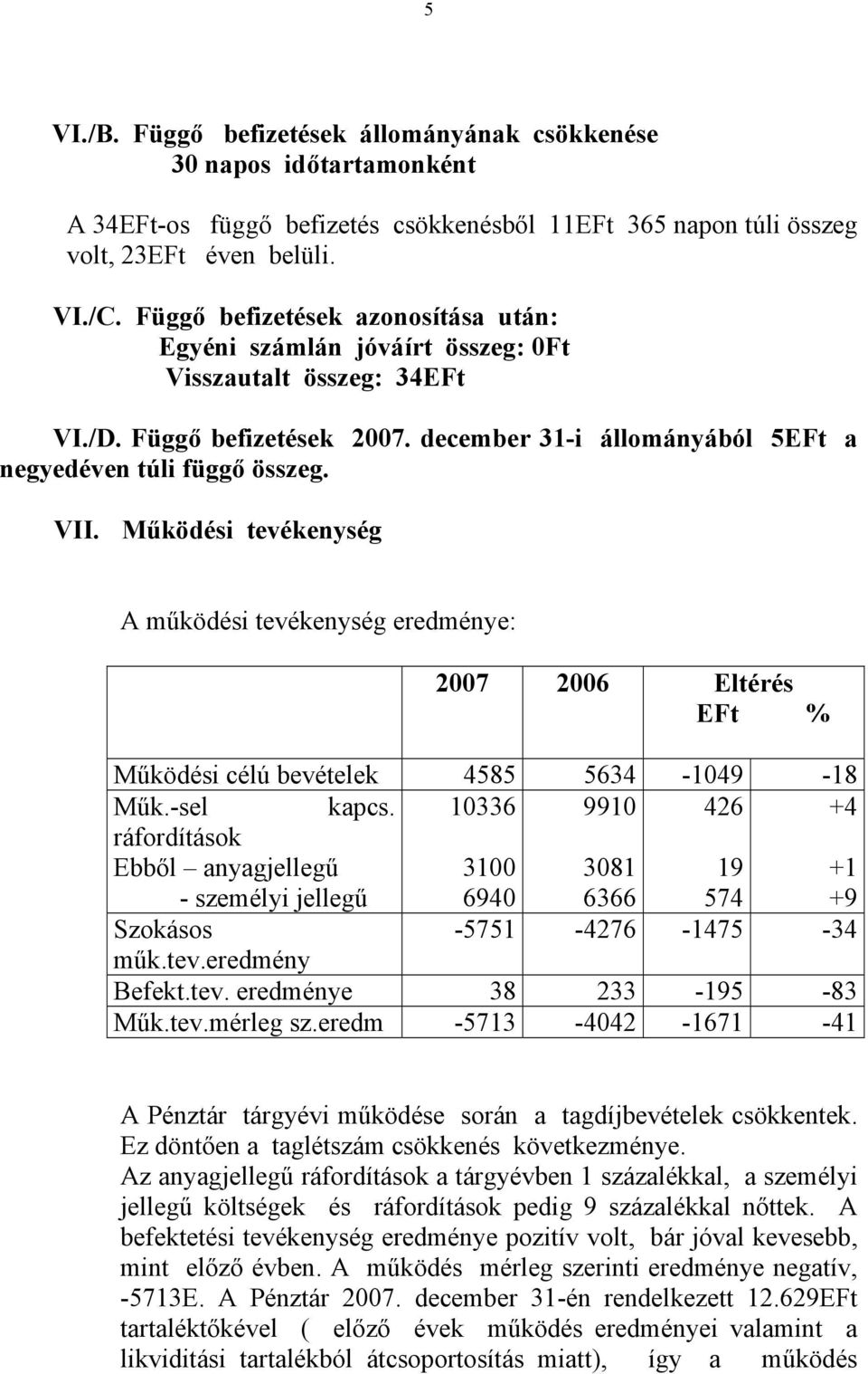 Működési tevékenység A működési tevékenység eredménye: 2007 2006 Eltérés EFt % Működési célú bevételek 4585 5634-1049 -18 Műk.-sel kapcs.